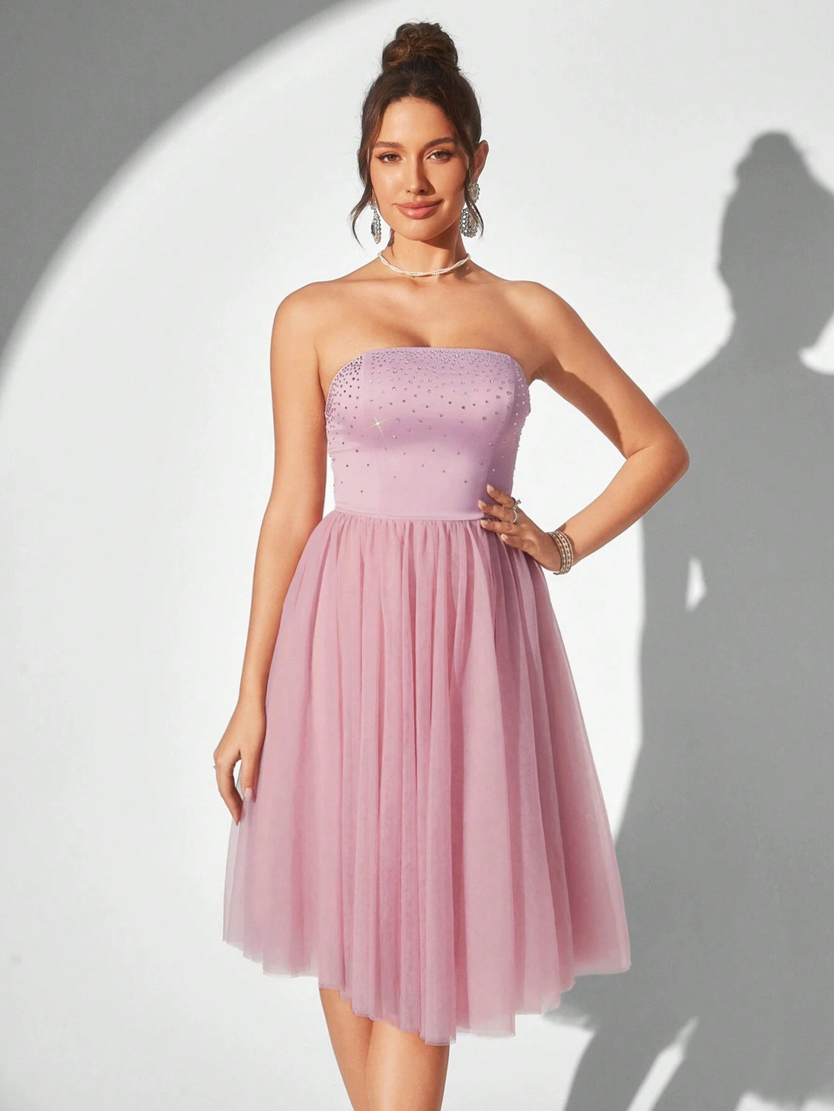 Elegant Strapless Mesh & Rhinestone Patchwork A-Line Cocktail Party Dress