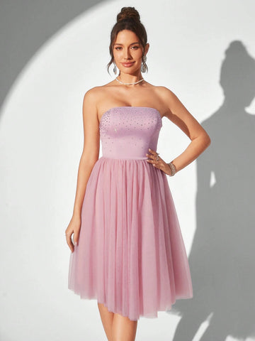 Elegant Strapless Mesh & Rhinestone Patchwork A-Line Cocktail Party Dress