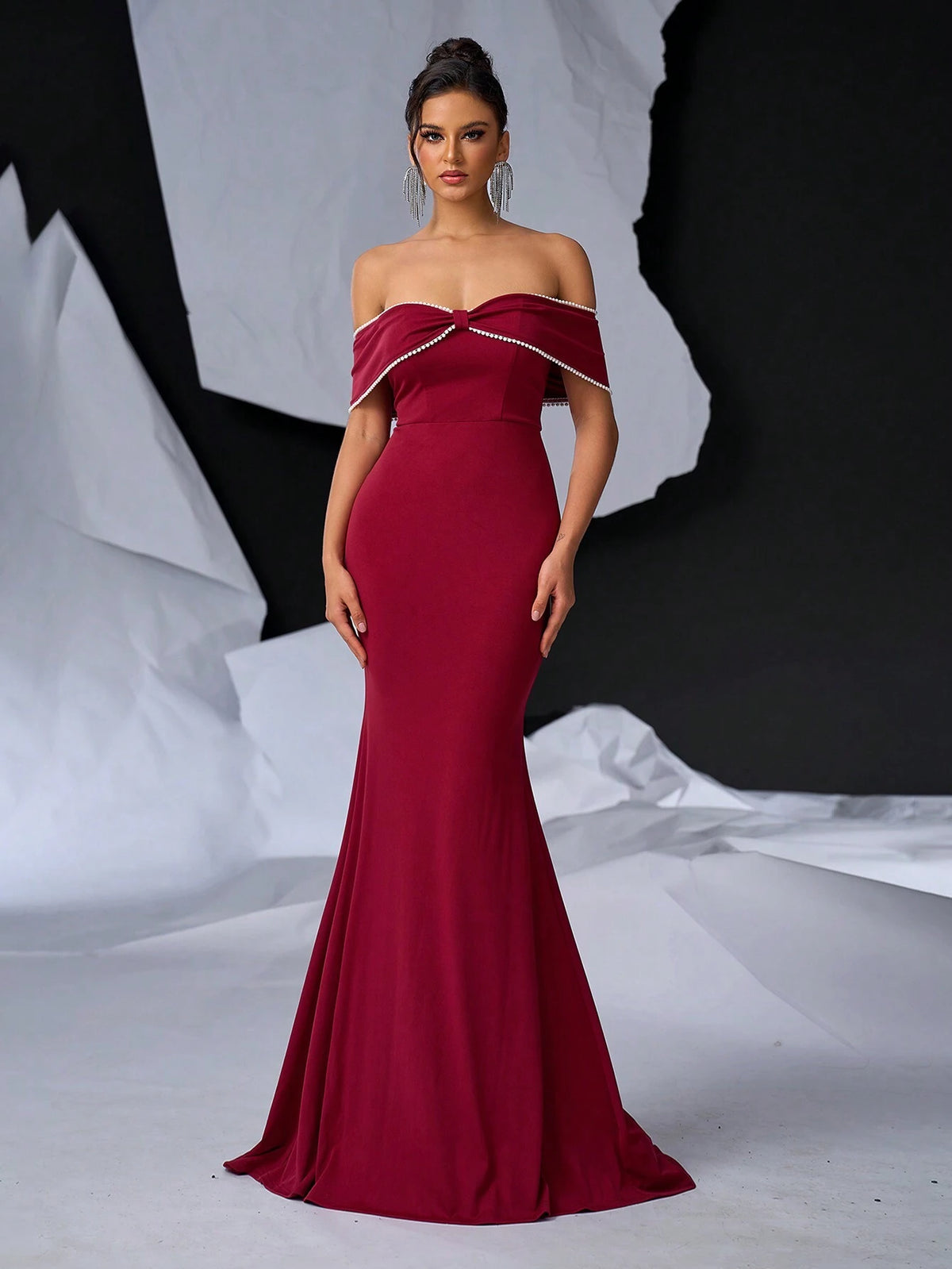 Elegant Strapless Neckline With Pearl Embellishment, Crossed Bow-Knot, Ruched Fishtail Hem And Train, Heavy Work Evening Dress For Banquet