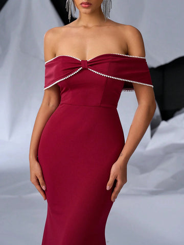 Elegant Strapless Neckline With Pearl Embellishment, Crossed Bow-Knot, Ruched Fishtail Hem And Train, Heavy Work Evening Dress For Banquet