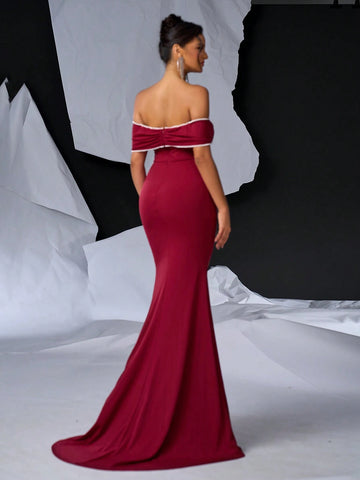 Elegant Strapless Neckline With Pearl Embellishment, Crossed Bow-Knot, Ruched Fishtail Hem And Train, Heavy Work Evening Dress For Banquet