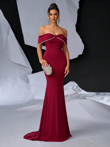 Elegant Strapless Neckline With Pearl Embellishment, Crossed Bow-Knot, Ruched Fishtail Hem And Train, Heavy Work Evening Dress For Banquet