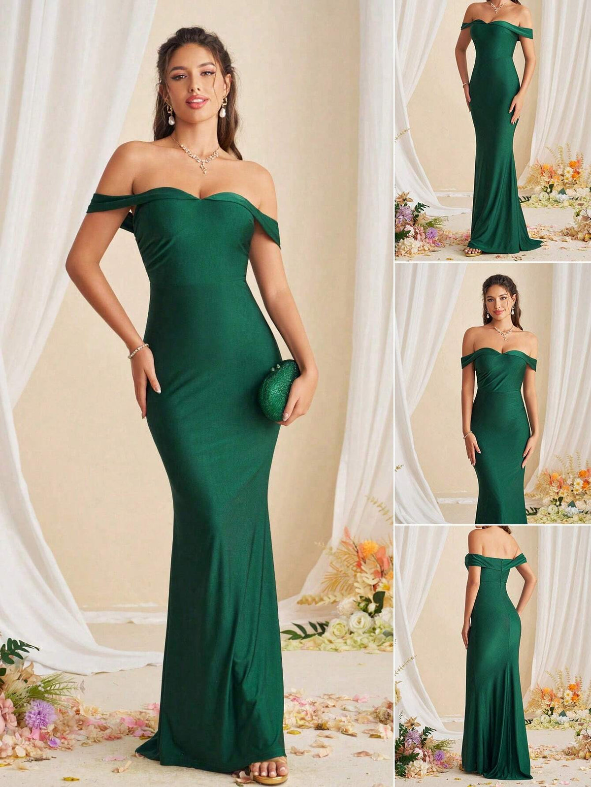 Elegant Strapless Off Shoulder Long Sleeve High Waist Mermaid Bridesmaid Dress