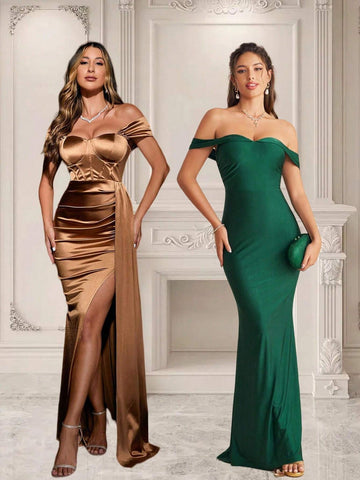 Elegant Strapless Off Shoulder Long Sleeve High Waist Mermaid Bridesmaid Dress