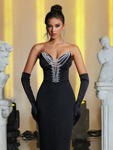Elegant Strapless V-Neck Skin-Tone Mesh Patchwork Handmade Beaded Neckline Accent High Waist Slim Fit Fishtail Hem Heavy Embellished Formal Dress
