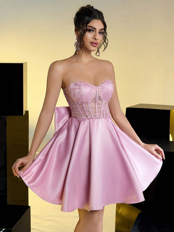 Elegant Sweet Strapless Romantic Sheer Beaded Embroidered Lace High Waist Slimming Adjustable Tie Back Detachable Bow A-Line Versatile Ball Gown Dress