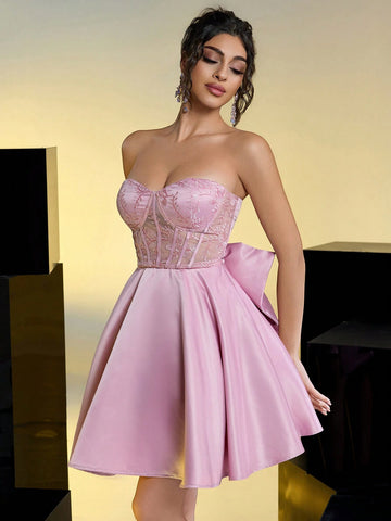 Elegant Sweet Strapless Romantic Sheer Beaded Embroidered Lace High Waist Slimming Adjustable Tie Back Detachable Bow A-Line Versatile Ball Gown Dress