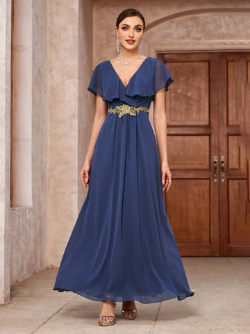 Elegant V-Neck Double Layered Chiffon Bridesmaid Dress With Ruffle Applique