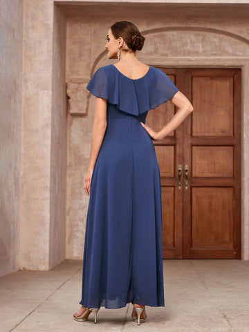 Elegant V-Neck Double Layered Chiffon Bridesmaid Dress With Ruffle Applique