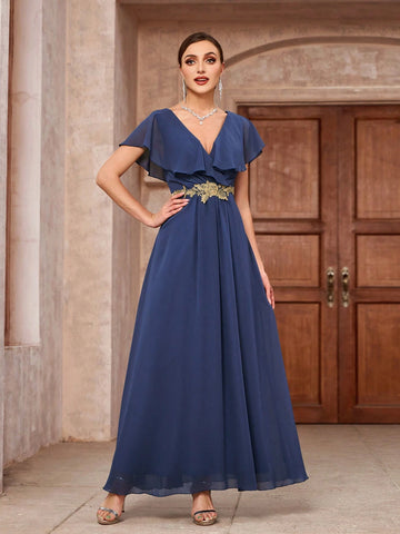 Elegant V-Neck Double Layered Chiffon Bridesmaid Dress With Ruffle Applique