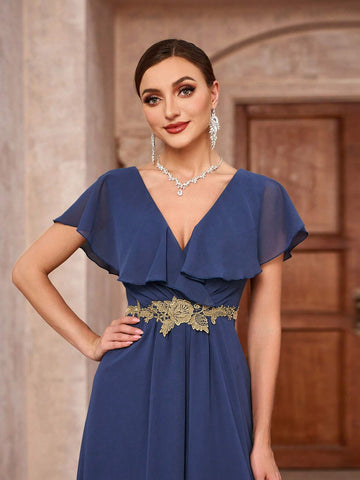 Elegant V-Neck Double Layered Chiffon Bridesmaid Dress With Ruffle Applique