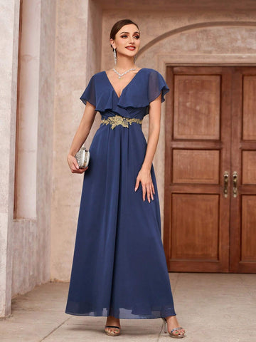 Elegant V-Neck Double Layered Chiffon Bridesmaid Dress With Ruffle Applique