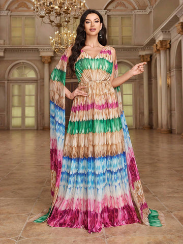 Elegant V-Neck Floral Belted Heavy Dress