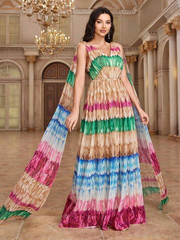 Elegant V-Neck Floral Belted Heavy Dress