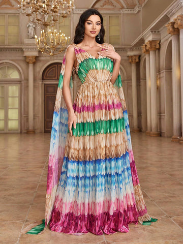 Elegant V-Neck Floral Belted Heavy Dress