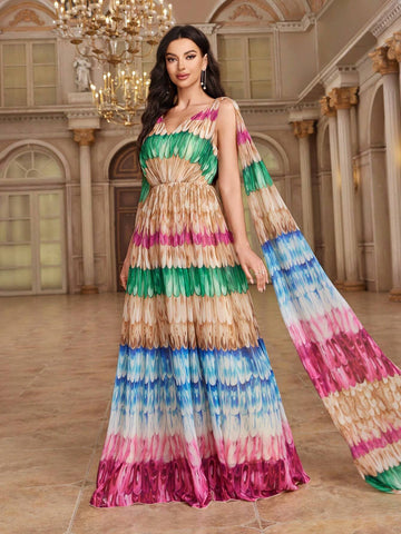 Elegant V-Neck Floral Belted Heavy Dress