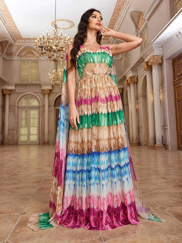 Elegant V-Neck Floral Belted Heavy Dress