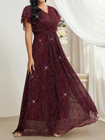 Elegant V-Neck Tulle Overlay Sequin Dress With Ruffled Hem
