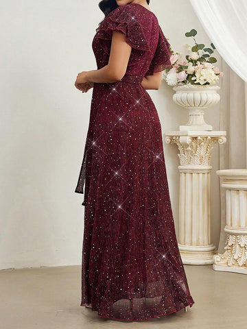 Elegant V-Neck Tulle Overlay Sequin Dress With Ruffled Hem