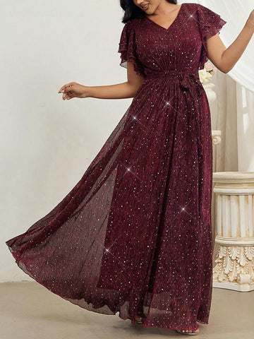 Elegant V-Neck Tulle Overlay Sequin Dress With Ruffled Hem