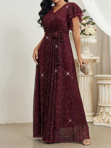 Elegant V-Neck Tulle Overlay Sequin Dress With Ruffled Hem