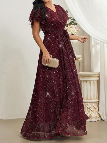 Elegant V-Neck Tulle Overlay Sequin Dress With Ruffled Hem