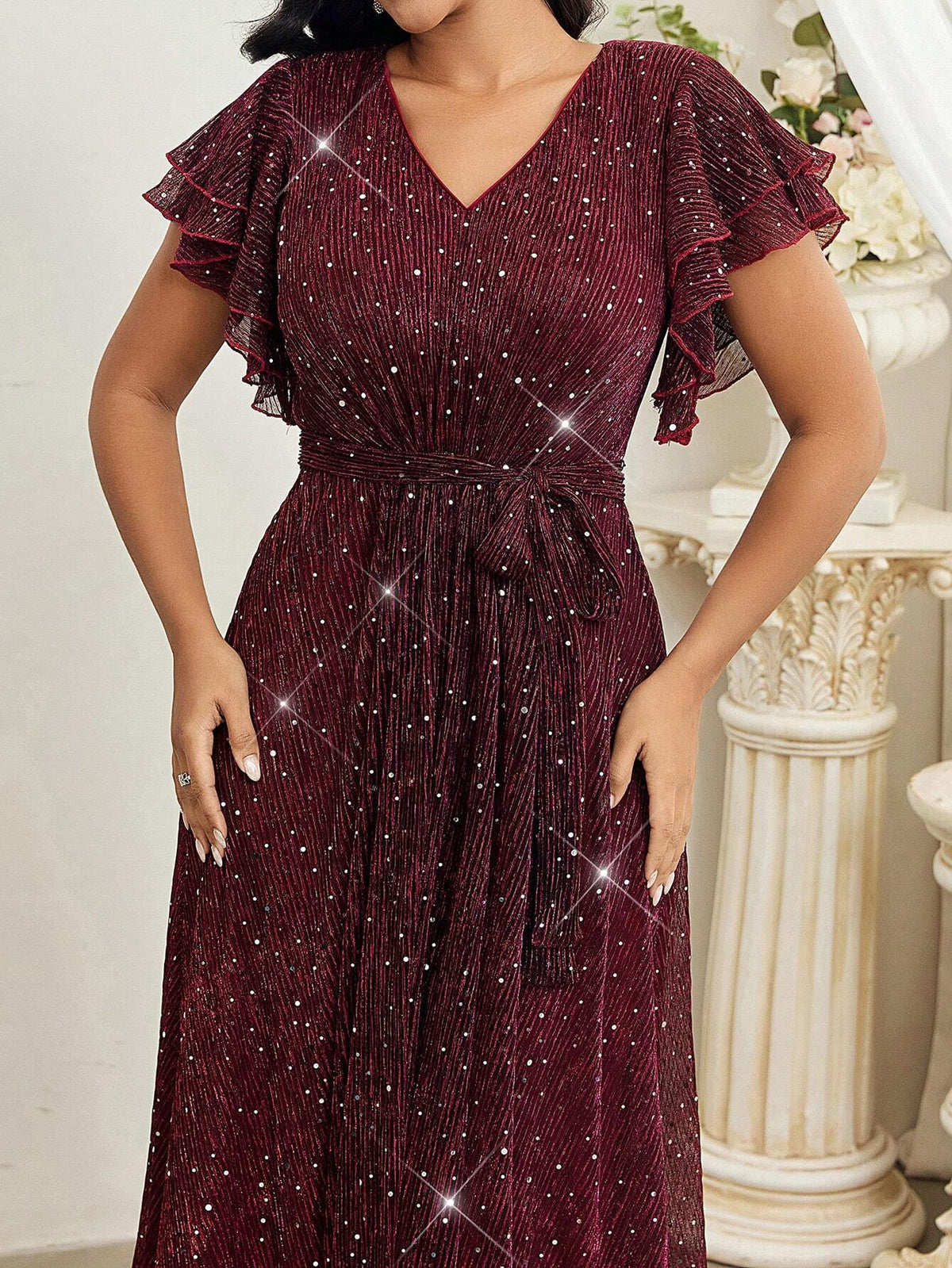 Elegant V-Neck Tulle Overlay Sequin Dress With Ruffled Hem