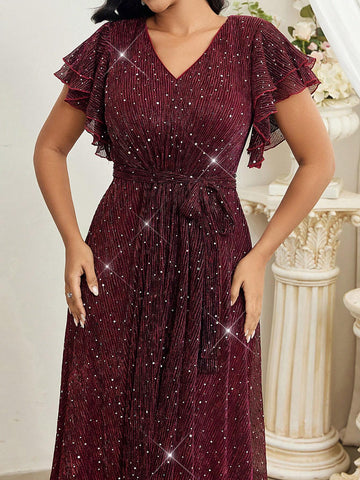 Elegant V-Neck Tulle Overlay Sequin Dress With Ruffled Hem