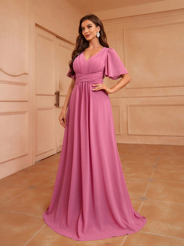 Elegant V-Neck Upper Pleated Ruffled Sleeve Patchwork Flowing A Swing Bridesmaid Dress Dress