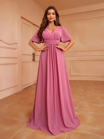 Elegant V-Neck Upper Pleated Ruffled Sleeve Patchwork Flowing A Swing Bridesmaid Dress Dress