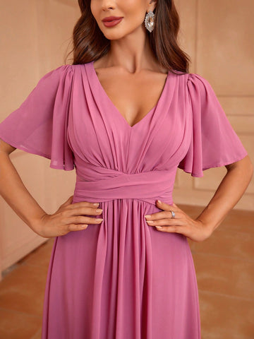 Elegant V-Neck Upper Pleated Ruffled Sleeve Patchwork Flowing A Swing Bridesmaid Dress Dress