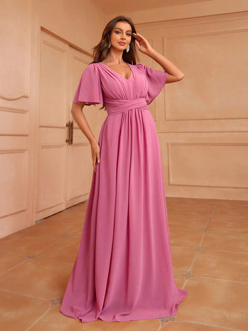 Elegant V-Neck Upper Pleated Ruffled Sleeve Patchwork Flowing A Swing Bridesmaid Dress Dress