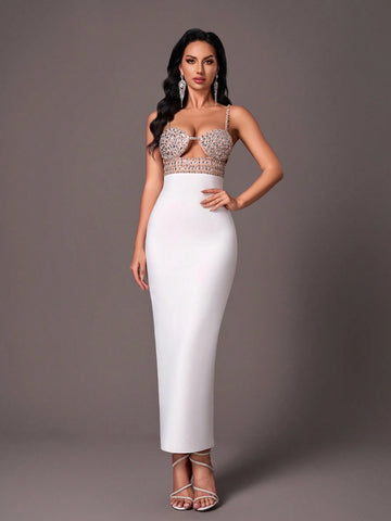 Elegant White Against Champagne Color Halter V-Neck Hand-Stitched Gorgeous Rhinestone Back Split Heavy Duty Dinner Bandage