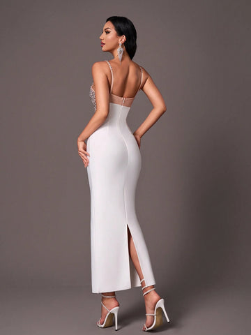 Elegant White Against Champagne Color Halter V-Neck Hand-Stitched Gorgeous Rhinestone Back Split Heavy Duty Dinner Bandage