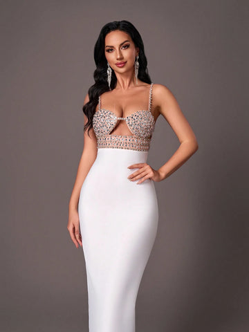 Elegant White Against Champagne Color Halter V-Neck Hand-Stitched Gorgeous Rhinestone Back Split Heavy Duty Dinner Bandage