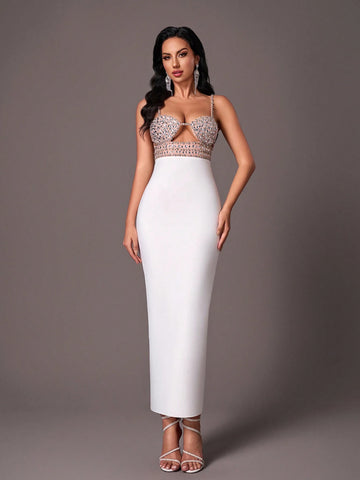 Elegant White Against Champagne Color Halter V-Neck Hand-Stitched Gorgeous Rhinestone Back Split Heavy Duty Dinner Bandage