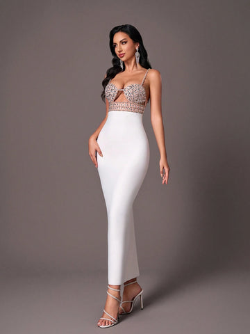 Elegant White Against Champagne Color Halter V-Neck Hand-Stitched Gorgeous Rhinestone Back Split Heavy Duty Dinner Bandage