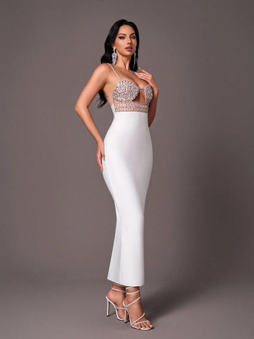 Elegant White Against Champagne Color Halter V-Neck Hand-Stitched Gorgeous Rhinestone Back Split Heavy Duty Dinner Bandage