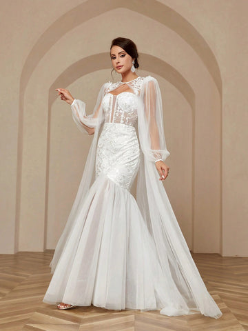 Three-Dimensional Flower Appliqués On Shoulders, Extra-Long Floats, Deep V-Neck, Luxury Sequin Embroidery Splicing, Sexy See-Through High Waist, Slim Mesh Mop, Extra Large Mop Fishtail Outdoor Indoor Wedding Event Dinner Wedding Dress