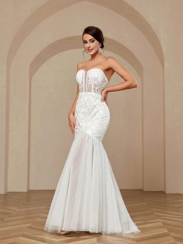 Three-Dimensional Flower Appliqués On Shoulders, Extra-Long Floats, Deep V-Neck, Luxury Sequin Embroidery Splicing, Sexy See-Through High Waist, Slim Mesh Mop, Extra Large Mop Fishtail Outdoor Indoor Wedding Event Dinner Wedding Dress