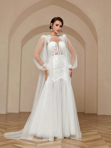Three-Dimensional Flower Appliqués On Shoulders, Extra-Long Floats, Deep V-Neck, Luxury Sequin Embroidery Splicing, Sexy See-Through High Waist, Slim Mesh Mop, Extra Large Mop Fishtail Outdoor Indoor Wedding Event Dinner Wedding Dress