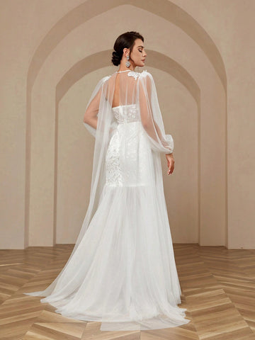 Three-Dimensional Flower Appliqués On Shoulders, Extra-Long Floats, Deep V-Neck, Luxury Sequin Embroidery Splicing, Sexy See-Through High Waist, Slim Mesh Mop, Extra Large Mop Fishtail Outdoor Indoor Wedding Event Dinner Wedding Dress