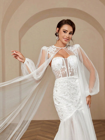 Three-Dimensional Flower Appliqués On Shoulders, Extra-Long Floats, Deep V-Neck, Luxury Sequin Embroidery Splicing, Sexy See-Through High Waist, Slim Mesh Mop, Extra Large Mop Fishtail Outdoor Indoor Wedding Event Dinner Wedding Dress