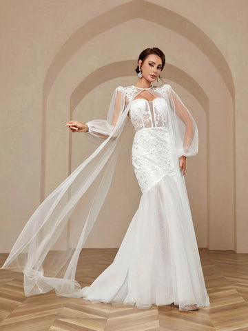 Three-Dimensional Flower Appliqués On Shoulders, Extra-Long Floats, Deep V-Neck, Luxury Sequin Embroidery Splicing, Sexy See-Through High Waist, Slim Mesh Mop, Extra Large Mop Fishtail Outdoor Indoor Wedding Event Dinner Wedding Dress