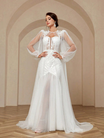 Three-Dimensional Flower Appliqués On Shoulders, Extra-Long Floats, Deep V-Neck, Luxury Sequin Embroidery Splicing, Sexy See-Through High Waist, Slim Mesh Mop, Extra Large Mop Fishtail Outdoor Indoor Wedding Event Dinner Wedding Dress