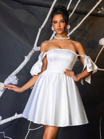 Elegant White Off-Shoulder Bow Maxi Dress With Flared Hem, Suitable For Wedding, Party, Vacation, Bridal Shower