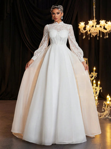 Elegant White Pearled Lace Splice Mesh Stand Collar Lantern Sleeve Sheer Bust Cup Fishbone Extra-Large A-Line Back Train Luxury Wedding Dress