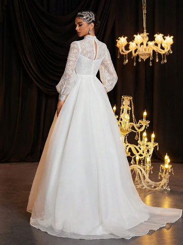 Elegant White Pearled Lace Splice Mesh Stand Collar Lantern Sleeve Sheer Bust Cup Fishbone Extra-Large A-Line Back Train Luxury Wedding Dress