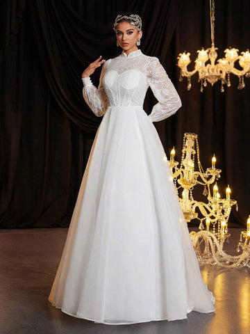 Elegant White Pearled Lace Splice Mesh Stand Collar Lantern Sleeve Sheer Bust Cup Fishbone Extra-Large A-Line Back Train Luxury Wedding Dress