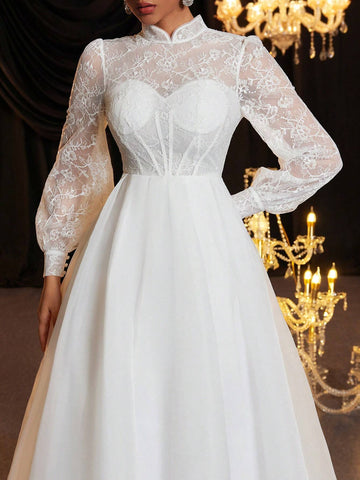 Elegant White Pearled Lace Splice Mesh Stand Collar Lantern Sleeve Sheer Bust Cup Fishbone Extra-Large A-Line Back Train Luxury Wedding Dress